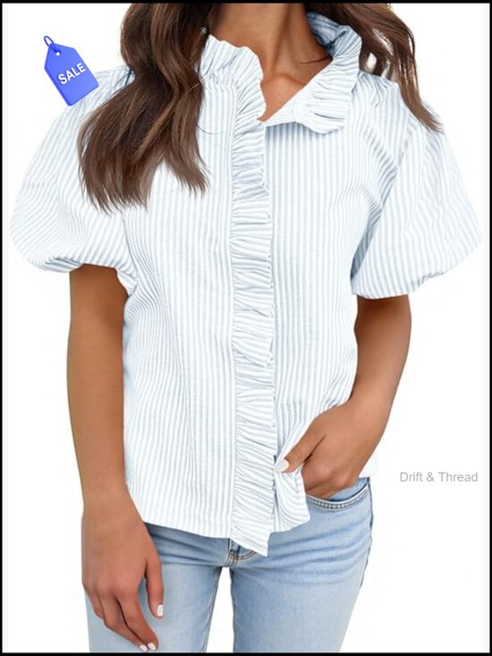 Tops - Short Puff Sleeve Button Down Shirt Ruffle Stand Collar Striped Blouse Work Top